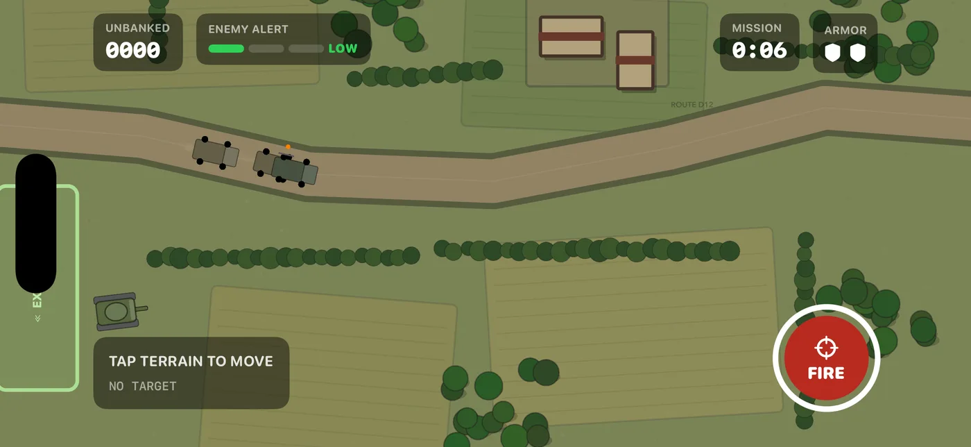 Tank Raid in landscape on an iPhone: a top-down battlefield of fields, hedgerows, woods and a farmhouse, with a three-truck convoy on the road, the player's tank beside a green extraction zone on the left, an UNBANKED 0000 score and a LOW enemy-alert meter along the top, and a red FIRE control at bottom right